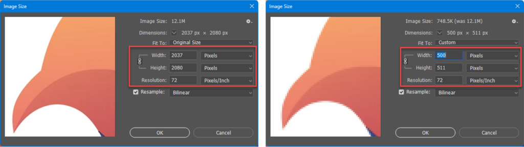side by side comparison of high resolution image and scaled low resolution image used in white ink printing workflows