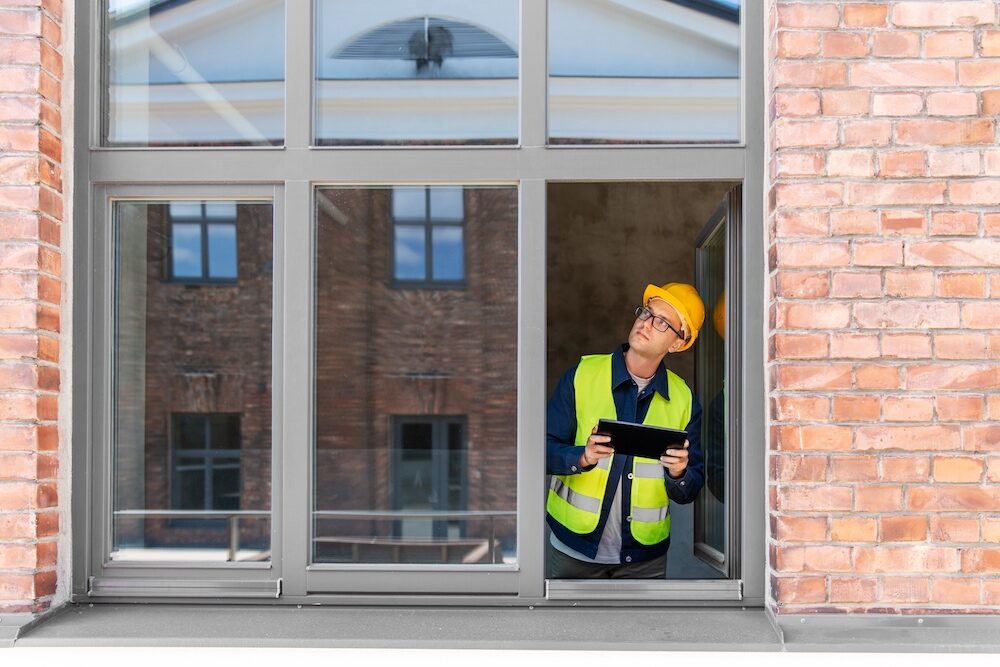 Installer completing a site survey for perforated window vinyl using SAi OnSite.