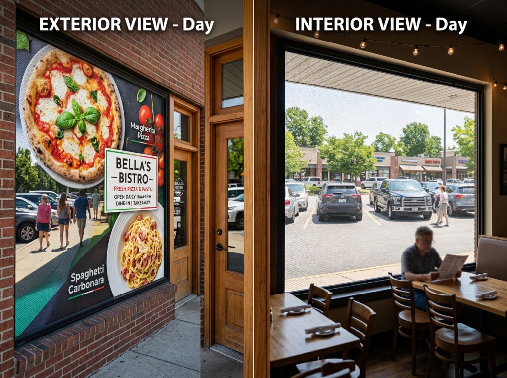 Printed window perf shown from the outside and inside of a restaurant.