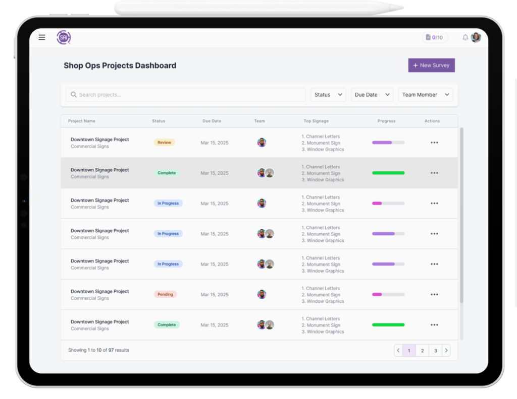 Project management dashboard for site surveys for sign installation using SAi OnSite.