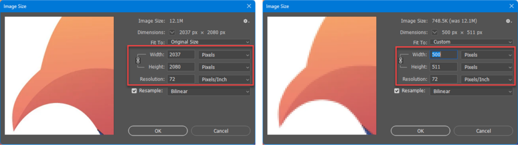 side by side comparison of high resolution image and scaled low resolution image used in white ink printing workflows