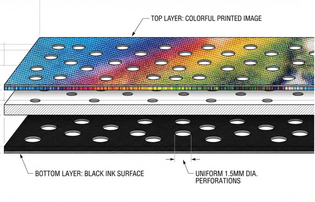 The three layers of a printed window perf - black, then white, then color.