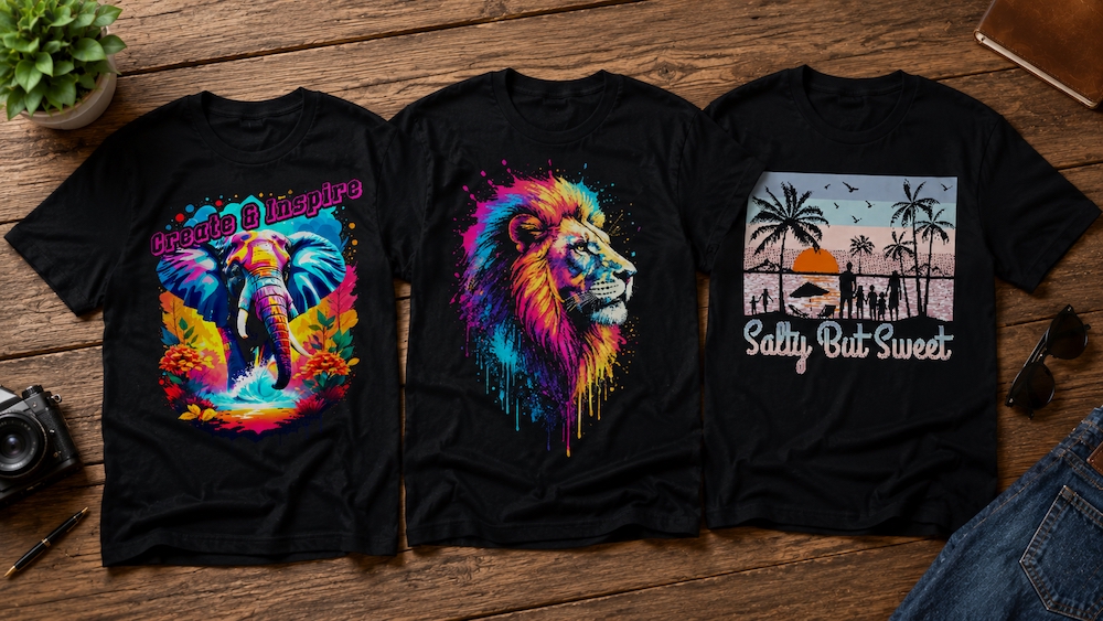 OneKlik DTF design software used to create 3 unique graphic t-shirts