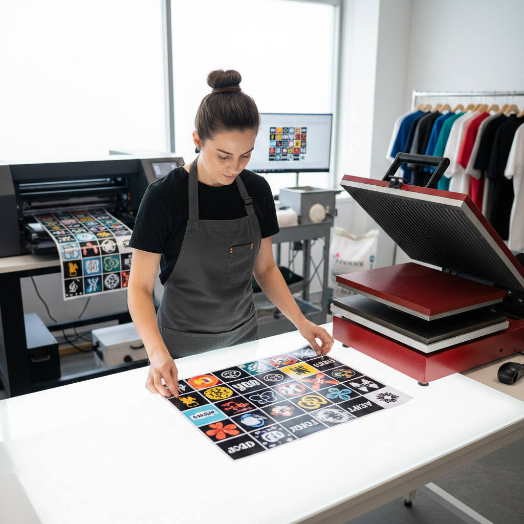 A print professional managing an end-to-end production with DTF printing workflow software, featuring a wide-format DTF printer and a gang sheet on a light table.