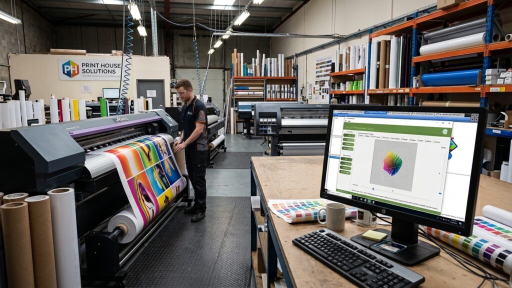 Flexi RIP and Print color settings on a print shop computer for ICC profiles, media, print mode and resolution.