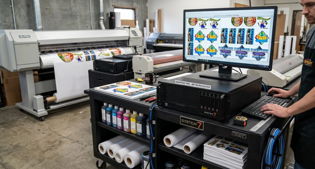 Flexi wide-format RIP software used to nest multiple prints in a print shop to save material.