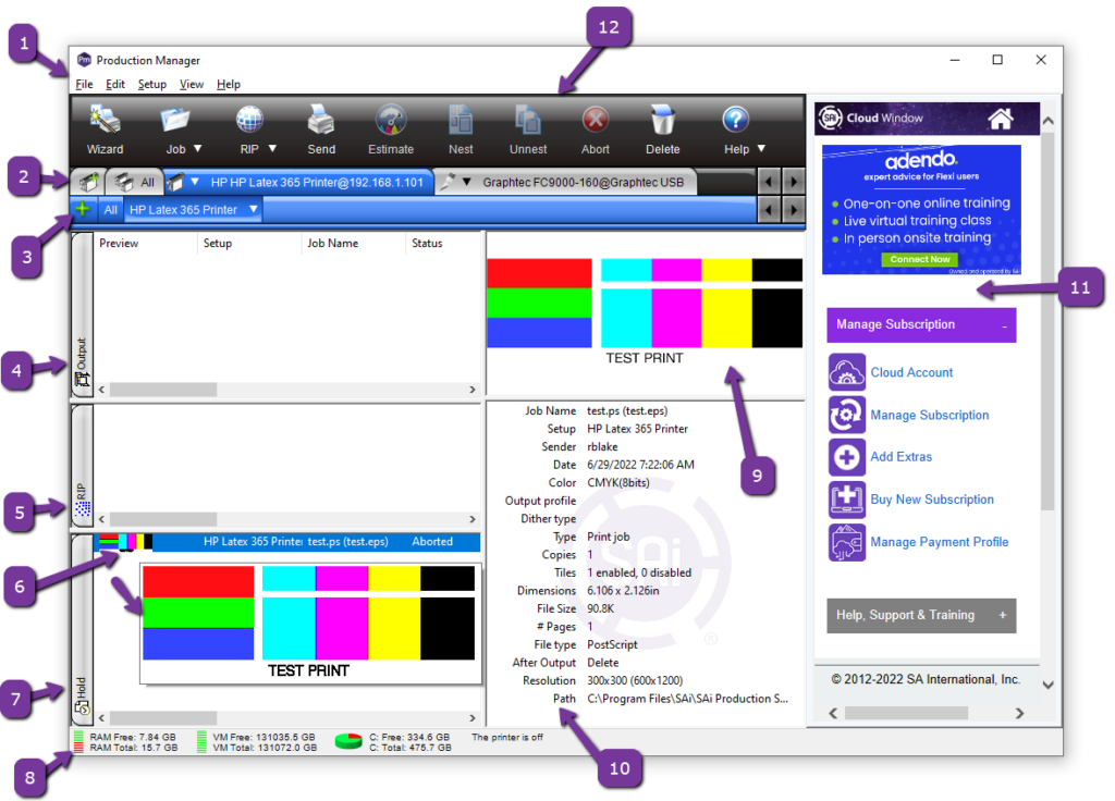 Flexi Production Manager interface for managing wide-format print jobs