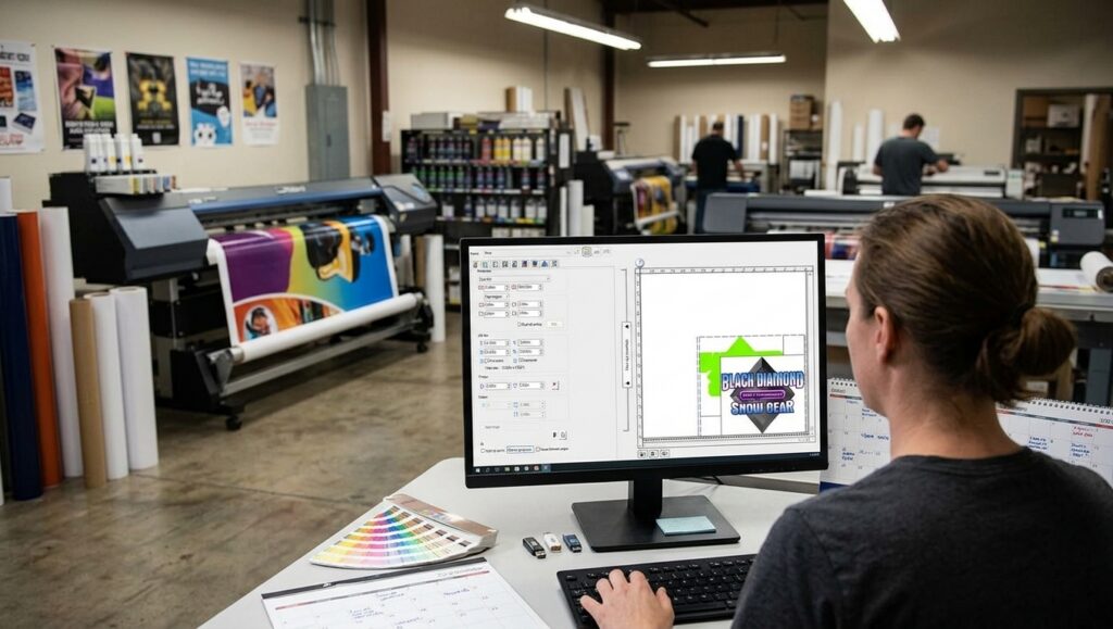 Flexi wide-format RIP software layered printing workflow for white ink and varnish in a print shop.